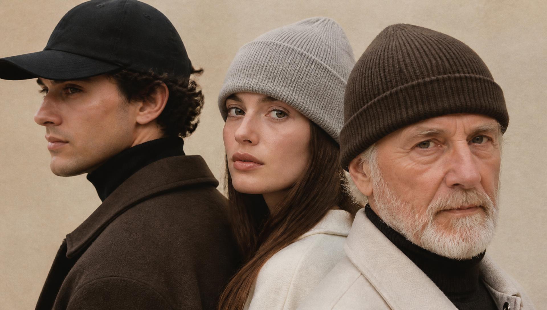 Three people of different generations in a structured cap and ribbed beanies, warm neutral light