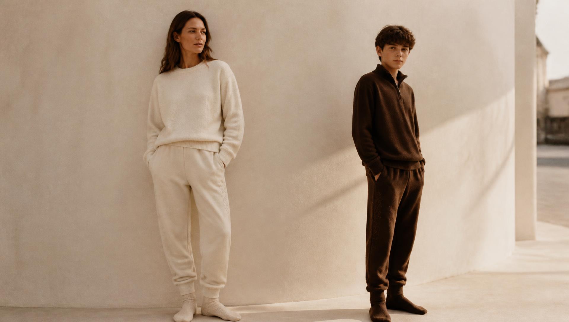 A woman and a teenage boy photographed apart in heavyweight fleece joggers, warm daylight