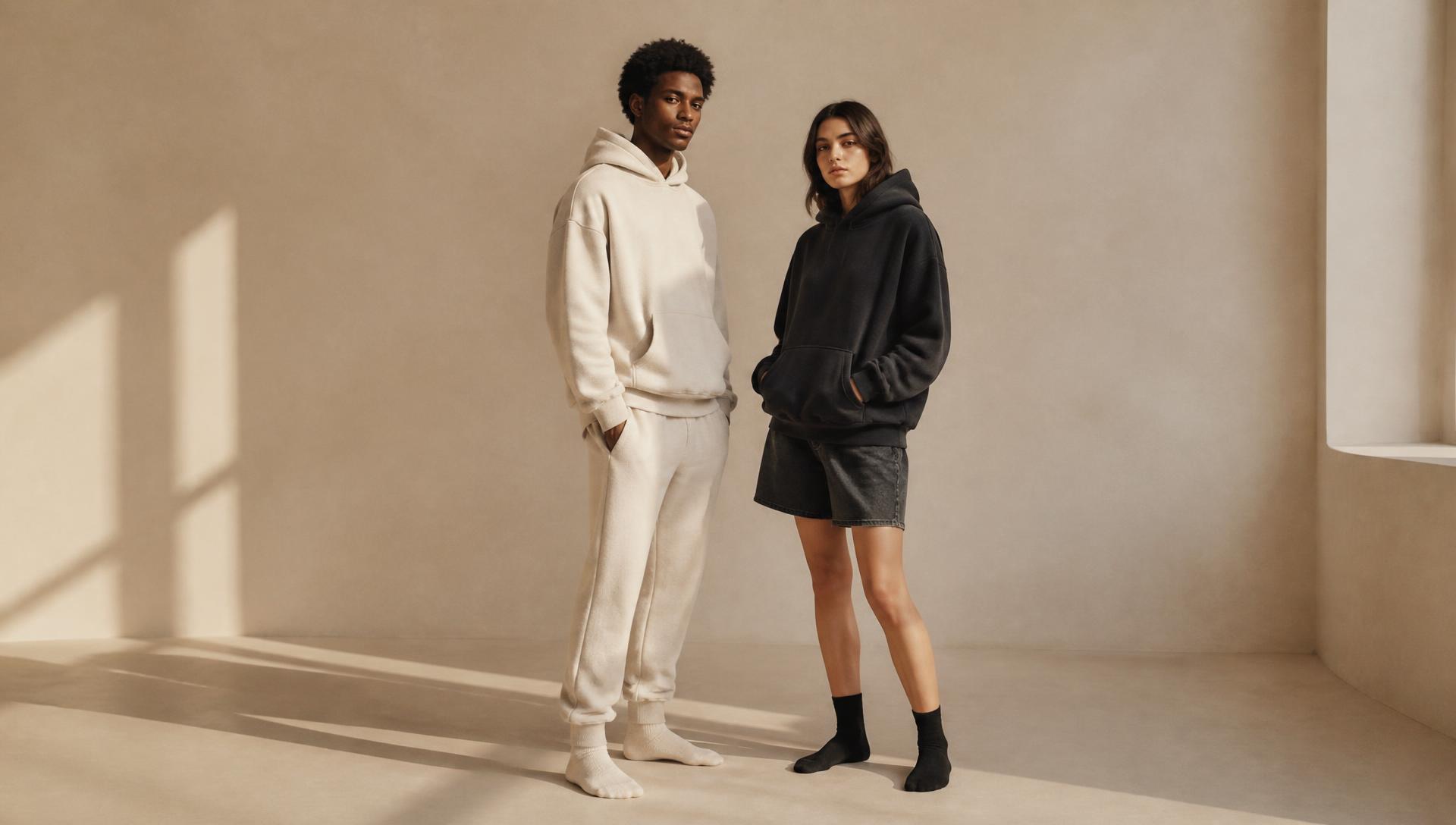A fleece hoodie worn with matching joggers, and the same hood over fleece shorts