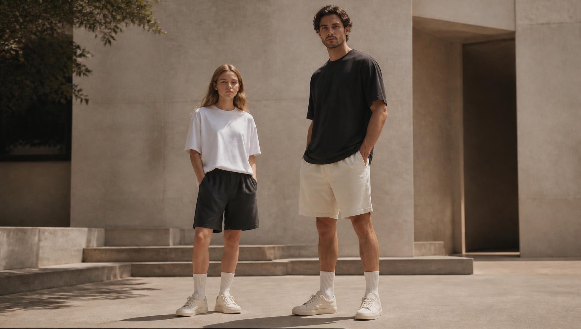 A man and a teenage girl standing in a sunlit courtyard wearing fleece shorts and plain tees