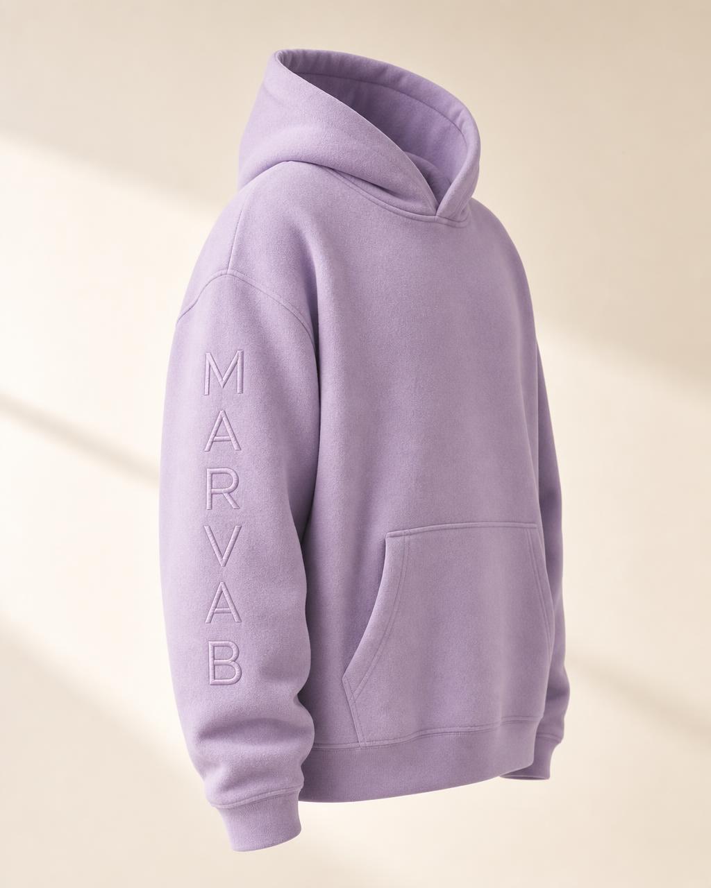 MARVAB CORE 001 hoodie in Muted Lavender, showing the vertical sleeve embroidery
