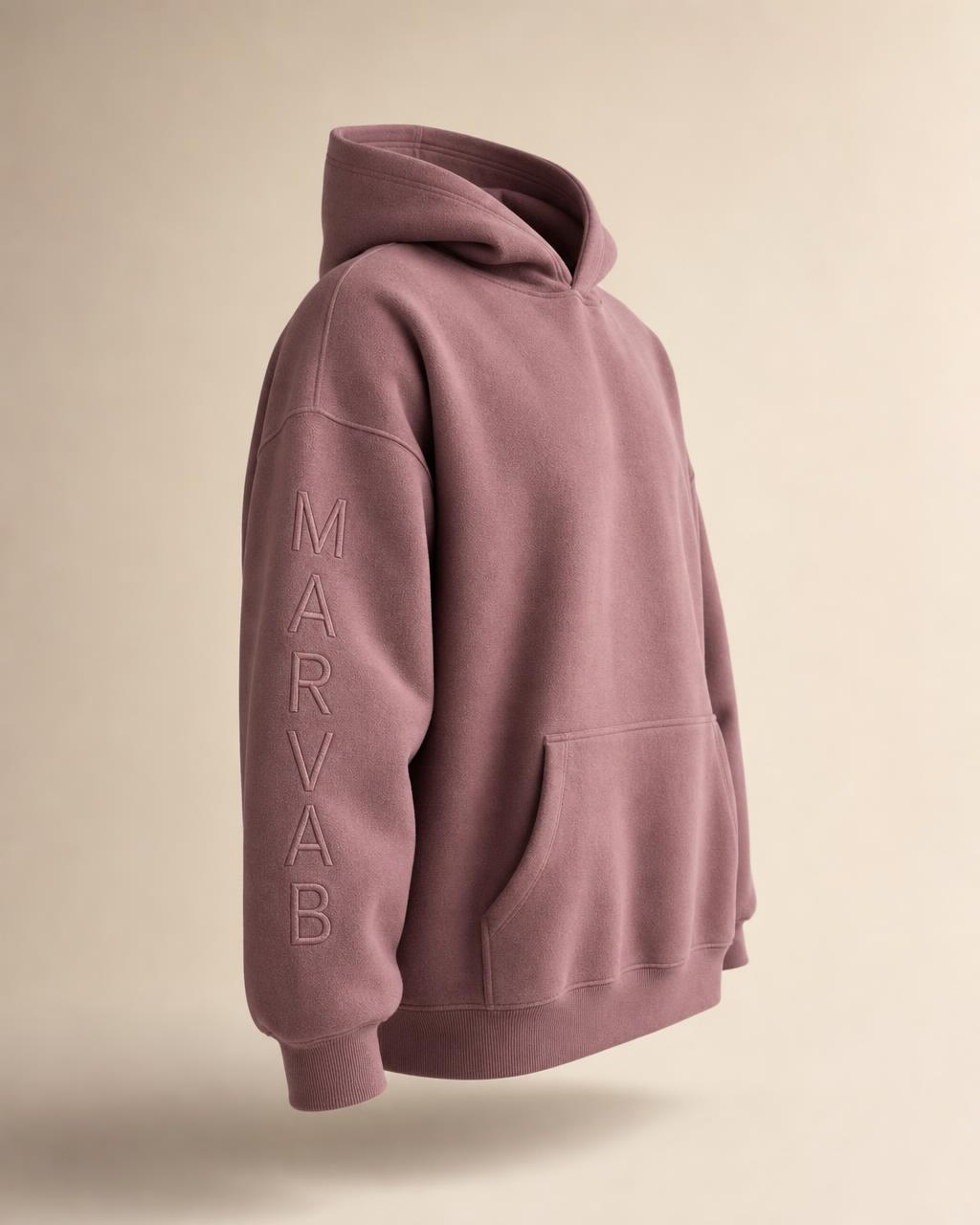 MARVAB CORE 001 hoodie in Mauve, showing the vertical sleeve embroidery