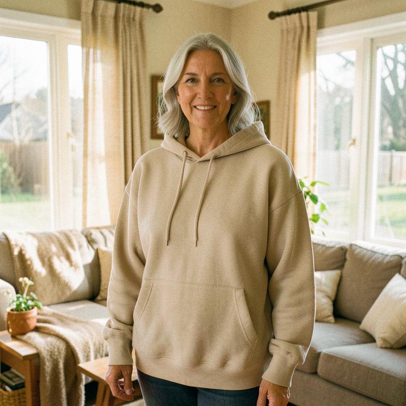 Woman in her fifties at home in a bone MARVAB hoodie