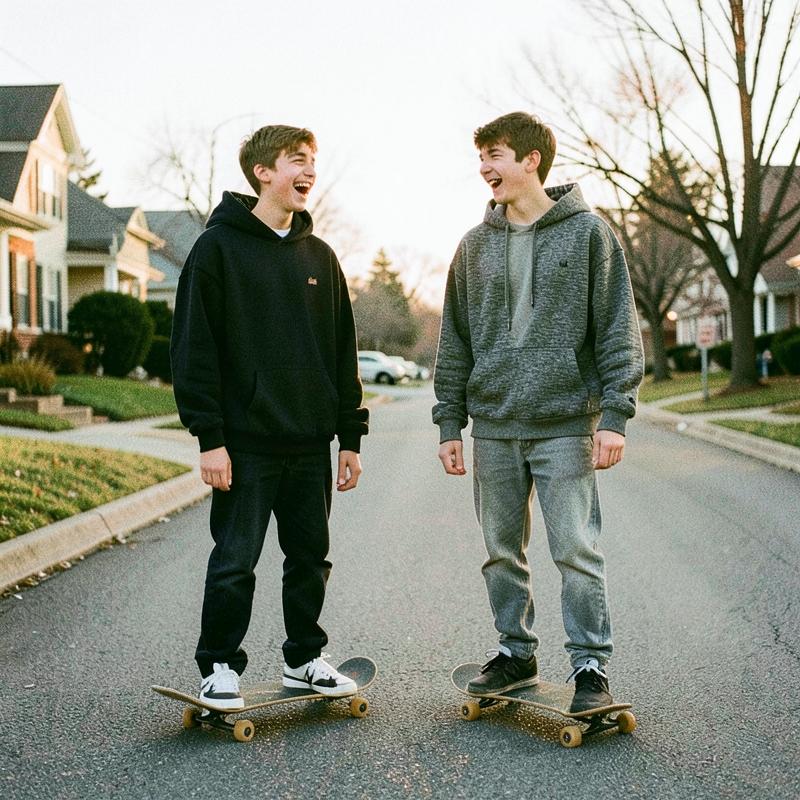 Two teenage boys on skateboards in MARVAB hoodies