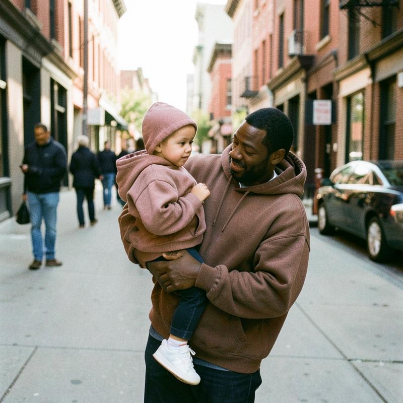 Father carrying his young daughter, both in MARVAB hoodies