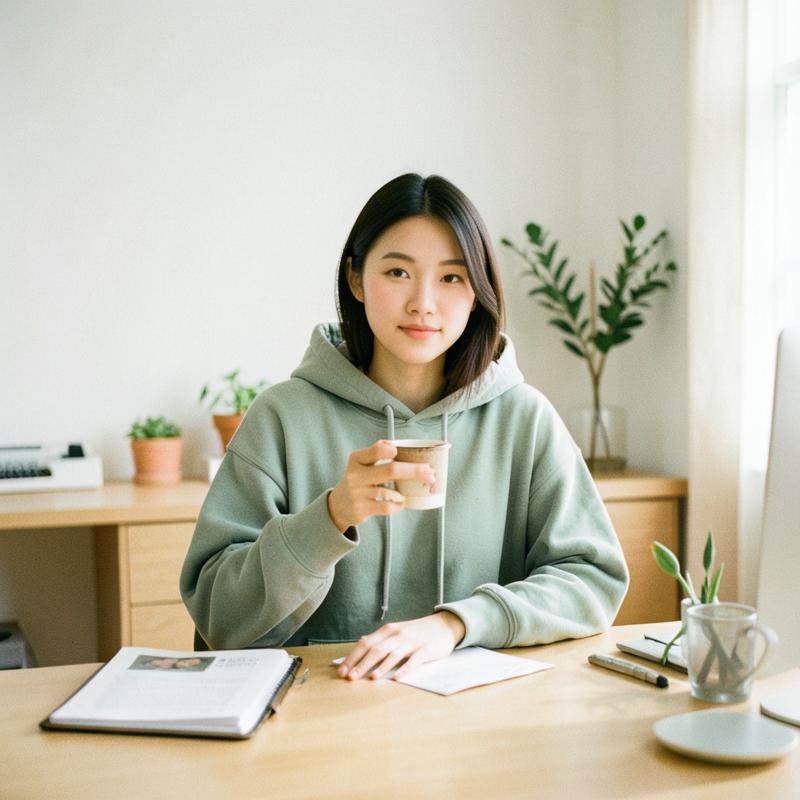Young woman at a home desk in a sage MARVAB hoodie