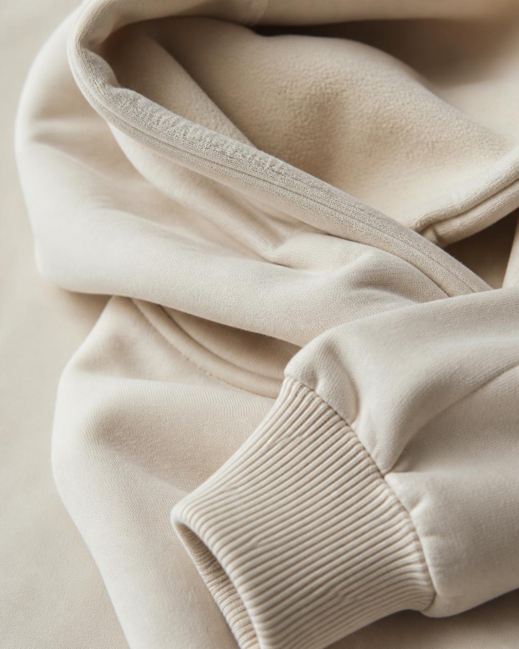 Macro detail of the double-layer hood and ribbed cuff