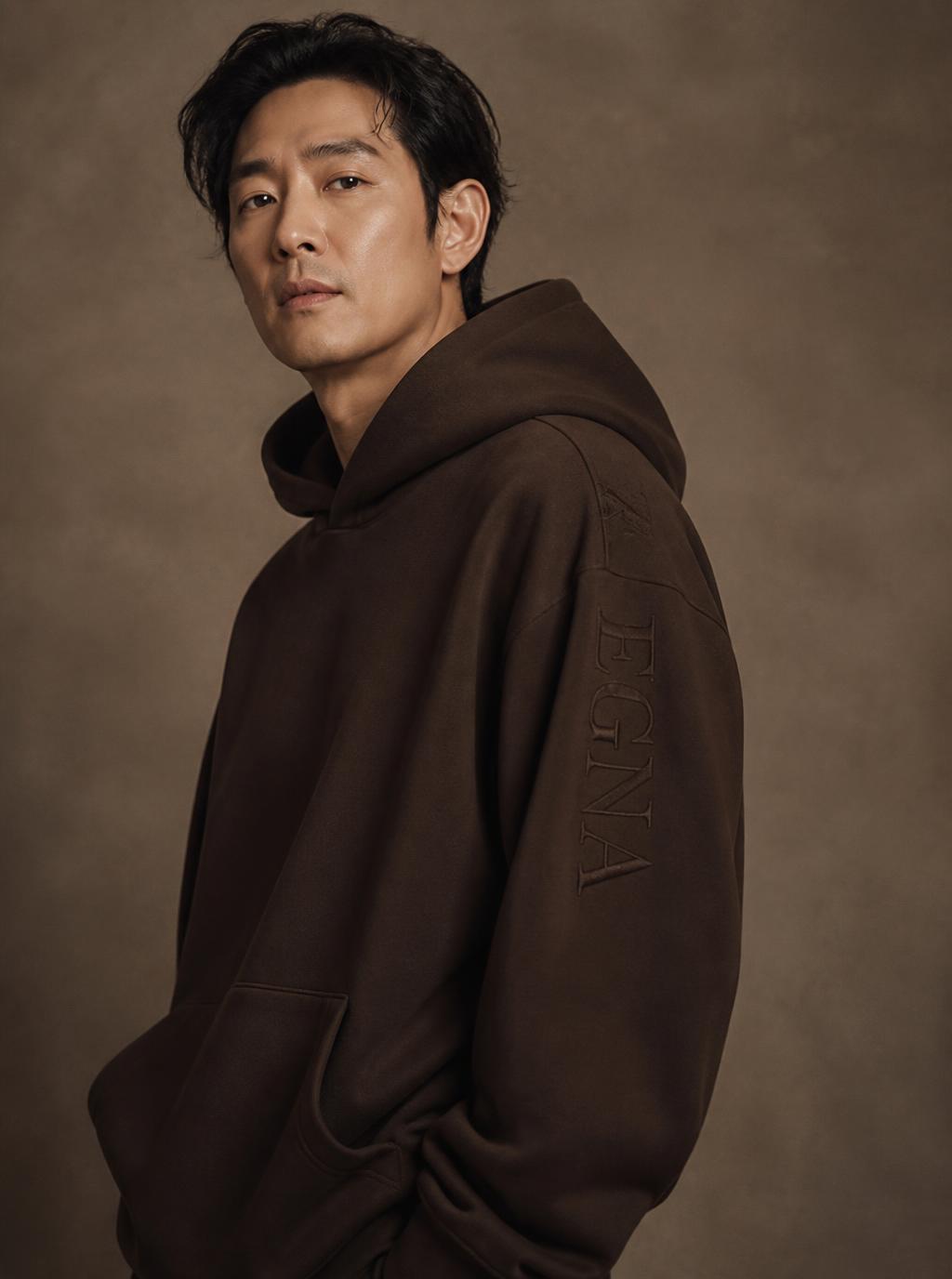 Man in his thirties wearing an oversized chocolate MARVAB hoodie